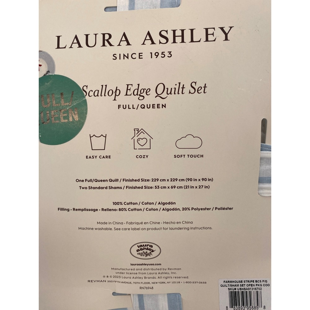 Laura Ashley Scallop Edge Quilt Set Full/Queen Blue White Striped Feminine Cozy - Picture 6 of 12